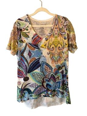 Onyx Multicolor V-Neck Short Sleeve Paisley & Floral Print Top Size L Festival